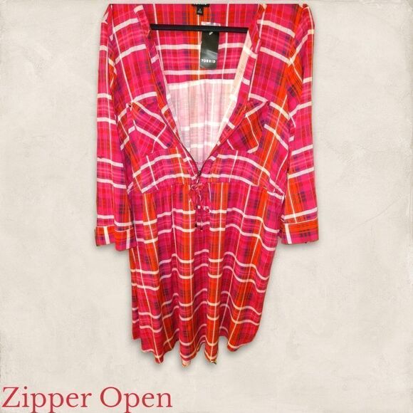 TORRID Plus Size  Zip Front Plaid Pink Stretch Challis Shirt Dress - Picture 2 of 16